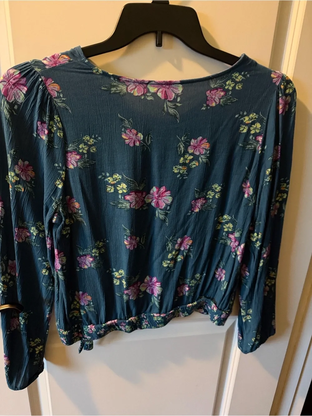 Justice Teal Long-Sleeve Floral Tie-Waist Top
